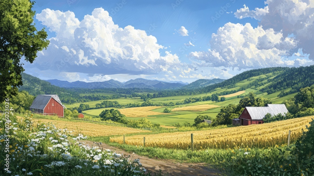 Rural Landscape with Two Red Barns and Wheat Fields Rural Landscape with Two Red Barns and Wheat Fields