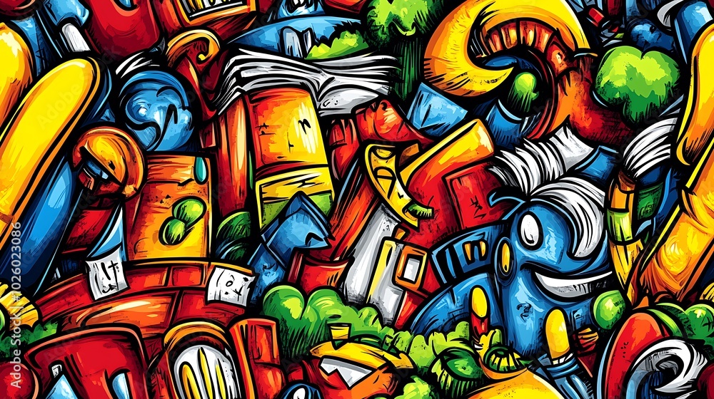 Fototapeta premium A lively fantasy land doodle pattern showcasing enchanted castles, mystical creatures, and magical forests, surrounded by spell books, potions, and enchanted objects, set against a bright blue sky,