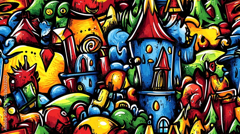 Fototapeta premium A lively fantasy land doodle pattern showcasing enchanted castles, mystical creatures, and magical forests, surrounded by spell books, potions, and enchanted objects, set against a bright blue sky,