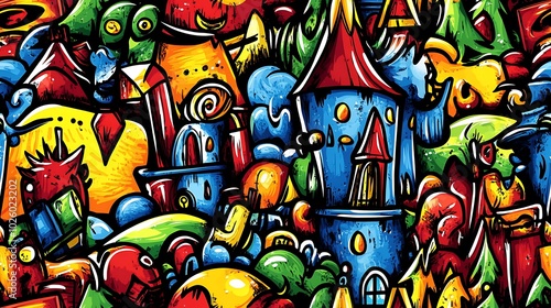 Wallpaper Mural A lively fantasy land doodle pattern showcasing enchanted castles, mystical creatures, and magical forests, surrounded by spell books, potions, and enchanted objects, set against a bright blue sky, Torontodigital.ca