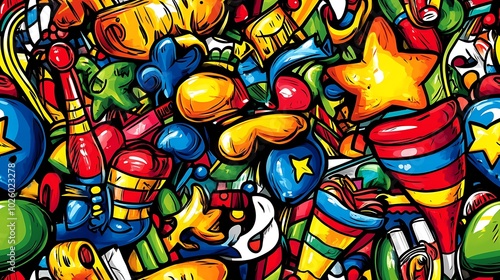 Wallpaper Mural A lively fiesta-themed doodle pattern showcasing maracas, piñatas, confetti, and party banners, surrounded by bright balloons, stars, and fireworks, set against a colorful background, Torontodigital.ca