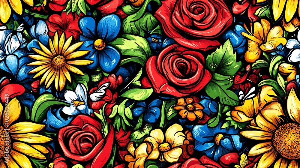 A lively floral doodle pattern featuring blooming roses, sunflowers, and violets, with vines, leaves, and swirling tendrils in the background, surrounded by butterflies, bright and vivid colors, A lively floral doodle pattern featuring blooming roses, sunflowers, and violets, with vines, leaves, and swirling tendrils in the background, surrounded by butterflies, bright and vivid colors,