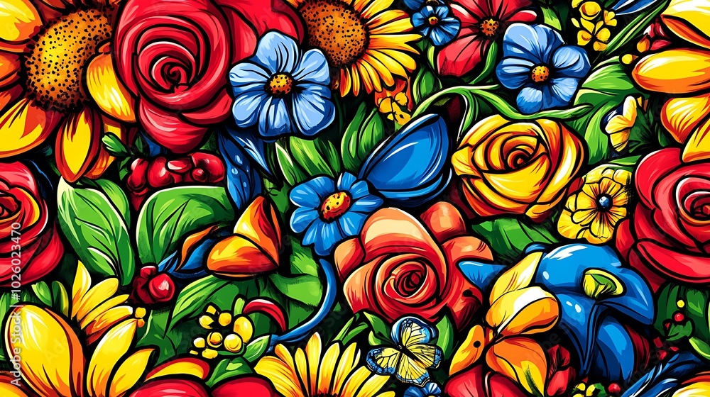 A lively floral doodle pattern featuring blooming roses, sunflowers, and violets, with vines, leaves, and swirling tendrils in the background, surrounded by butterflies, bright and vivid colors, A lively floral doodle pattern featuring blooming roses, sunflowers, and violets, with vines, leaves, and swirling tendrils in the background, surrounded by butterflies, bright and vivid colors,