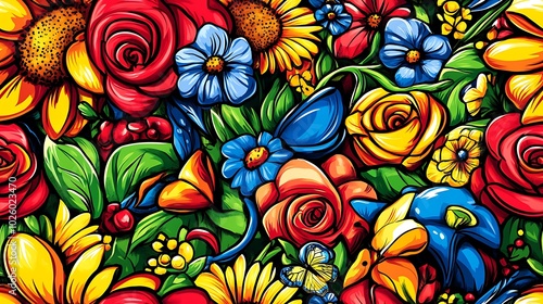 A lively floral doodle pattern featuring blooming roses, sunflowers, and violets, with vines, leaves, and swirling tendrils in the background, surrounded by butterflies, bright and vivid colors,