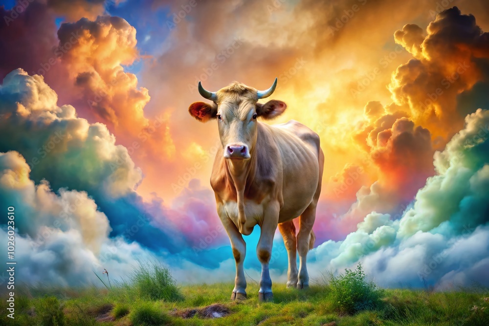 Surreal Portrait of an Auvergne Cow in Dreamlike Landscape Surreal Portrait of an Auvergne Cow in Dreamlike Landscape