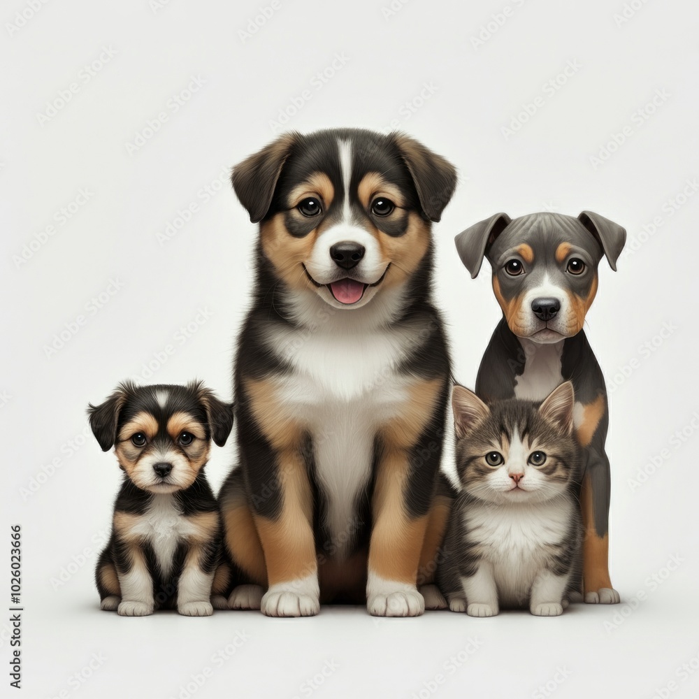 Friendly alert Pets together side by side in a row looking at the camera, isolated on white Friendly alert Pets together side by side in a row looking at the camera, isolated on white