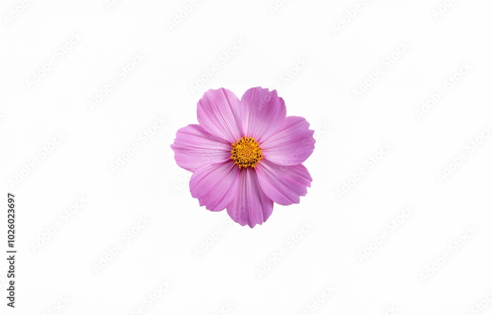 A single pink flower with a yellow center is centered in the image against a white background. A single pink flower with a yellow center is centered in the image against a white background.