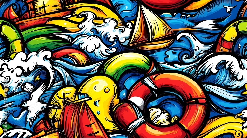 A lively nautical doodle pattern showcasing sailboats, anchors, and lifebuoys, surrounded by swirling waves, seagulls, and seashells, set against a bright sky blue and turquoise background, A lively nautical doodle pattern showcasing sailboats, anchors, and lifebuoys, surrounded by swirling waves, seagulls, and seashells, set against a bright sky blue and turquoise background,