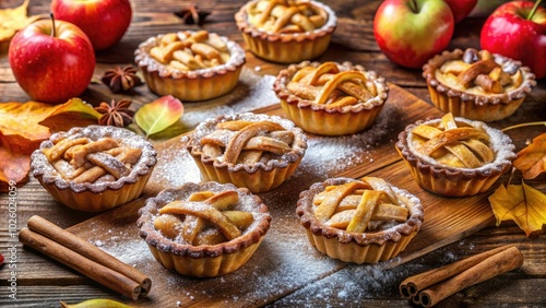 Wallpaper Mural Delightful mini apple pies dusted with powdered sugar and cinnamon, beautifully arranged on a rustic wooden table, perfect for an autumn dessert display. Torontodigital.ca