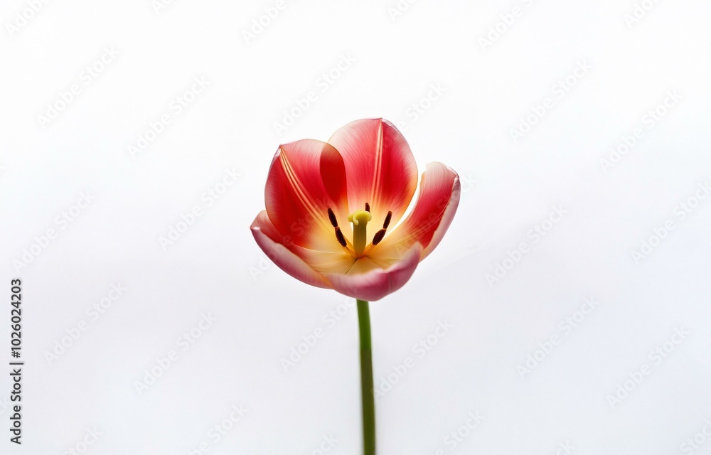Fototapeta premium A single tulip, red and yellow, with a white background.