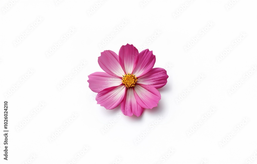 A single pink flower with a yellow center sits on a white background. A single pink flower with a yellow center sits on a white background.