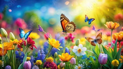Delight in a stunning spring backdrop featuring an array of colorful flowers and playful butterflies, embodying the vibrant beauty and intricate textures of the natural world.