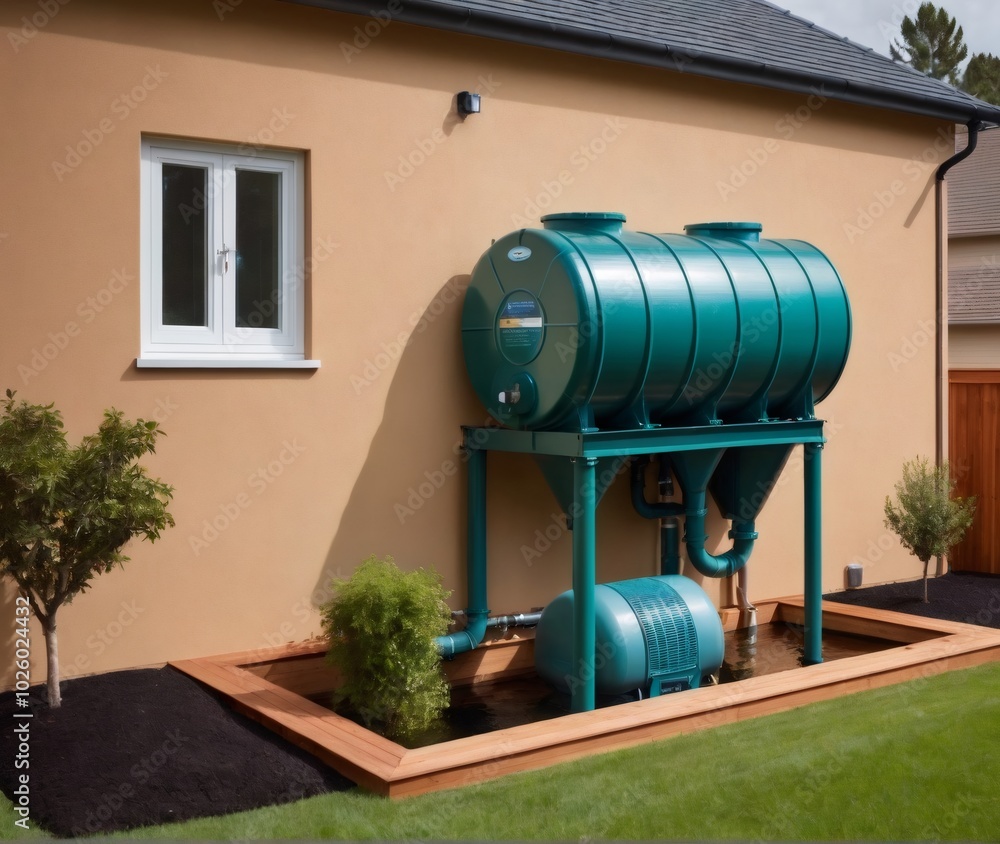 Rainwater harvesting system installed at a contemporary home, with blue ... - Contemporary Rainwater Harvesting Systems