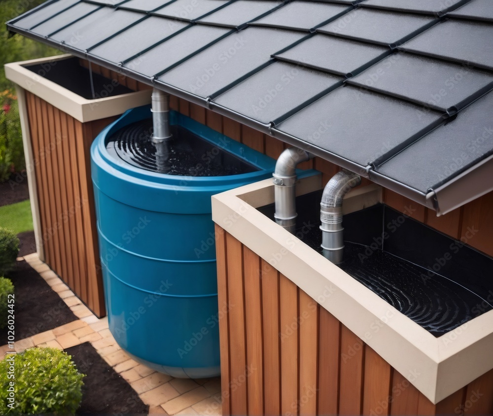 View of Rainwater harvesting system installed at a contemporary home, with blue ...