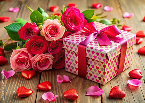 Delight someone special with a festive gift box filled with pink and red hearts and roses, ideal for Valentineâ€™s or Mother's Day celebrations.