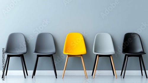 A symmetrical row of gray chairs with a single yellow chair in the center, indoor minimalist scene, telephoto lens, soft natural light, static,