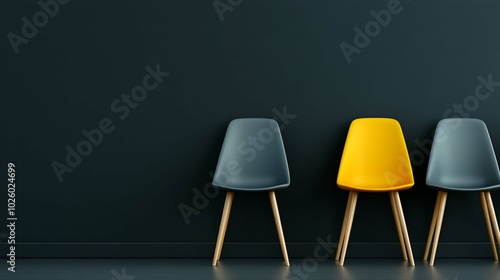 A symmetrical row of gray chairs with a single yellow chair in the center, indoor minimalist scene, telephoto lens, soft natural light, static,