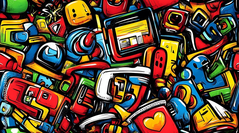 A lively tech doodle pattern featuring computers, tablets, and drones, with lines of code, data streams, and digital icons in the background, vivid and bold colors, hd quality, A lively tech doodle pattern featuring computers, tablets, and drones, with lines of code, data streams, and digital icons in the background, vivid and bold colors, hd quality,