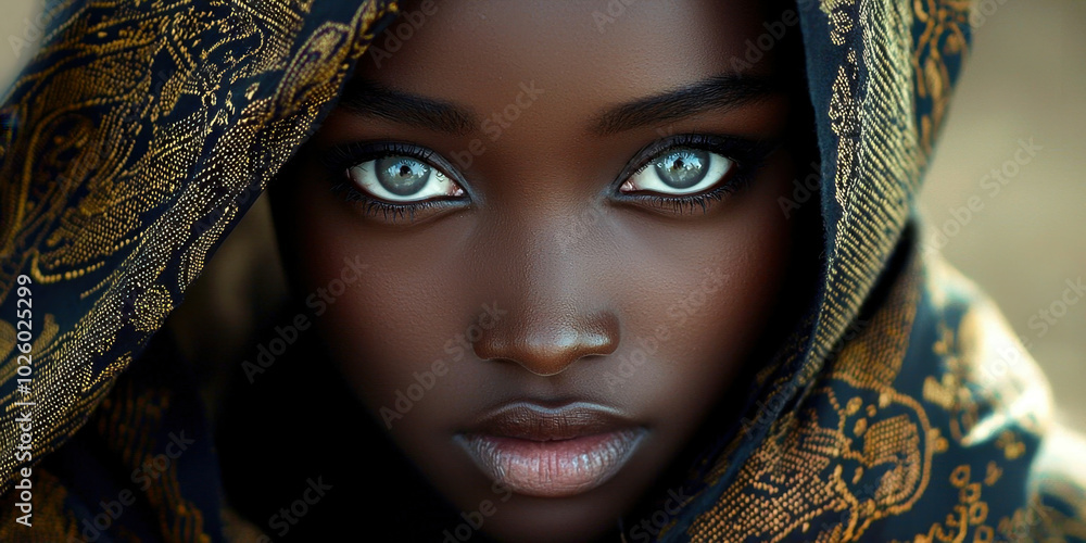 A woman with a scarf covering her face and a blue eye A woman with a scarf covering her face and a blue eye