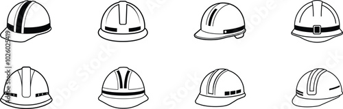 Construction Safety Hard Hat Outline Icons Set