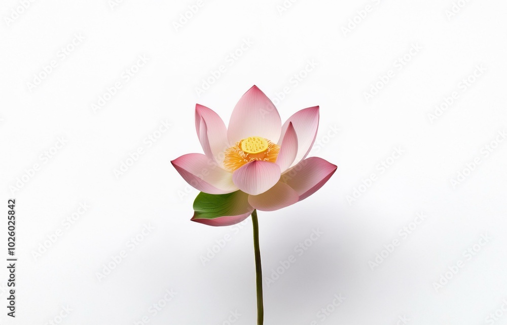 A single pink lotus flower with yellow center and a green stem against a white background. A single pink lotus flower with yellow center and a green stem against a white background.