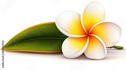 Vibrant Plumeria Flower with Green Leaf Detail photo