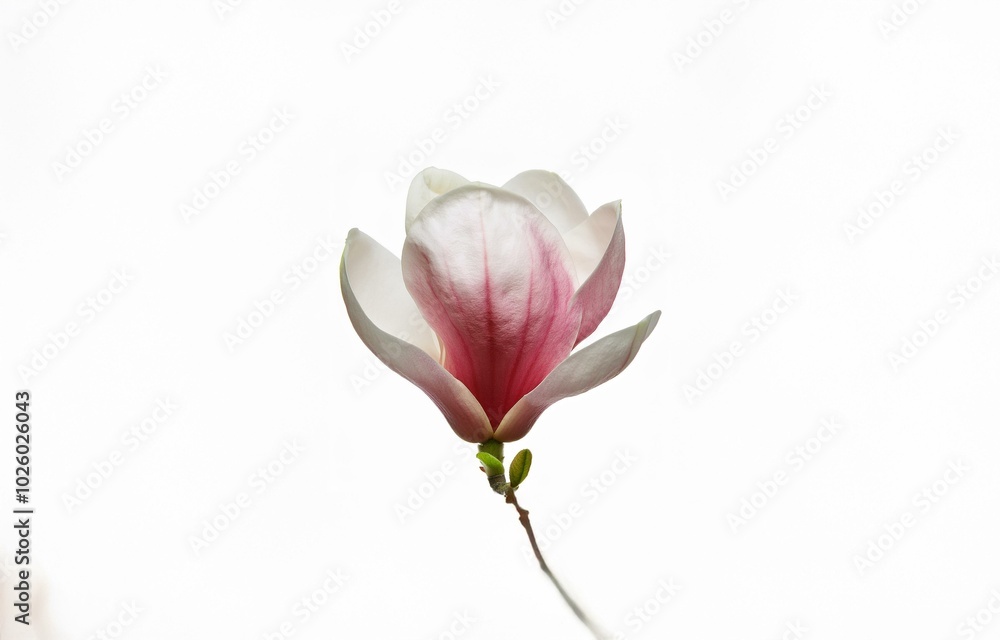Single pink and white flower with green stem on a white background.