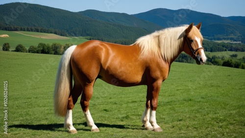 Beautiful Haflinger horse looking towards the left, showcasing its strong, elegant build. Ideal for equestrian photography, breed identification, or horse-related digital designs