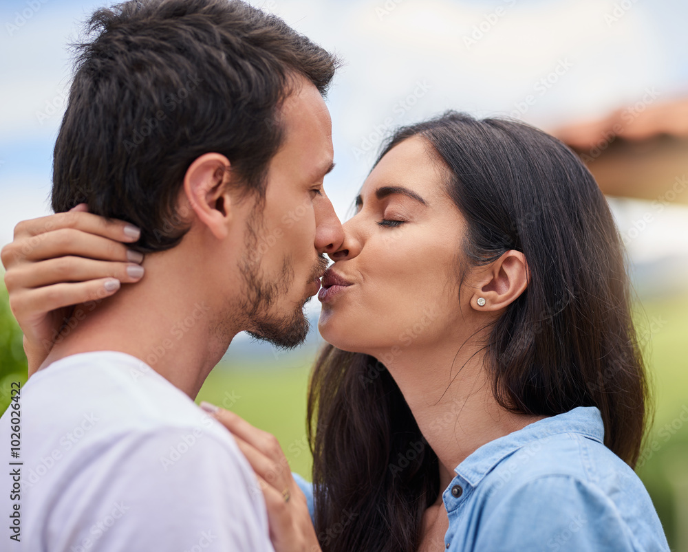 Happy, kissing and couple with love in nature on romantic date for vacation, getaway or weekend trip. Smile, park and man and woman with connection, care and bonding outdoor in garden on holiday. Happy, kissing and couple with love in nature on romantic date for vacation, getaway or weekend trip. Smile, park and man and woman with connection, care and bonding outdoor in garden on holiday.