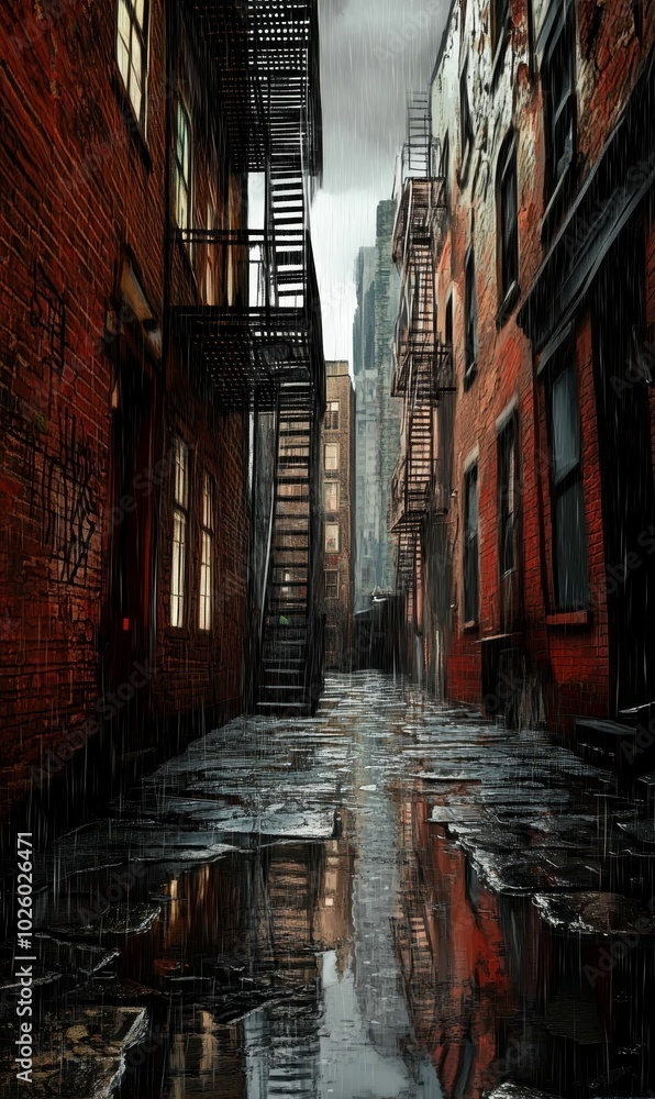 Fototapeta premium Rainy alleyway between brick buildings.