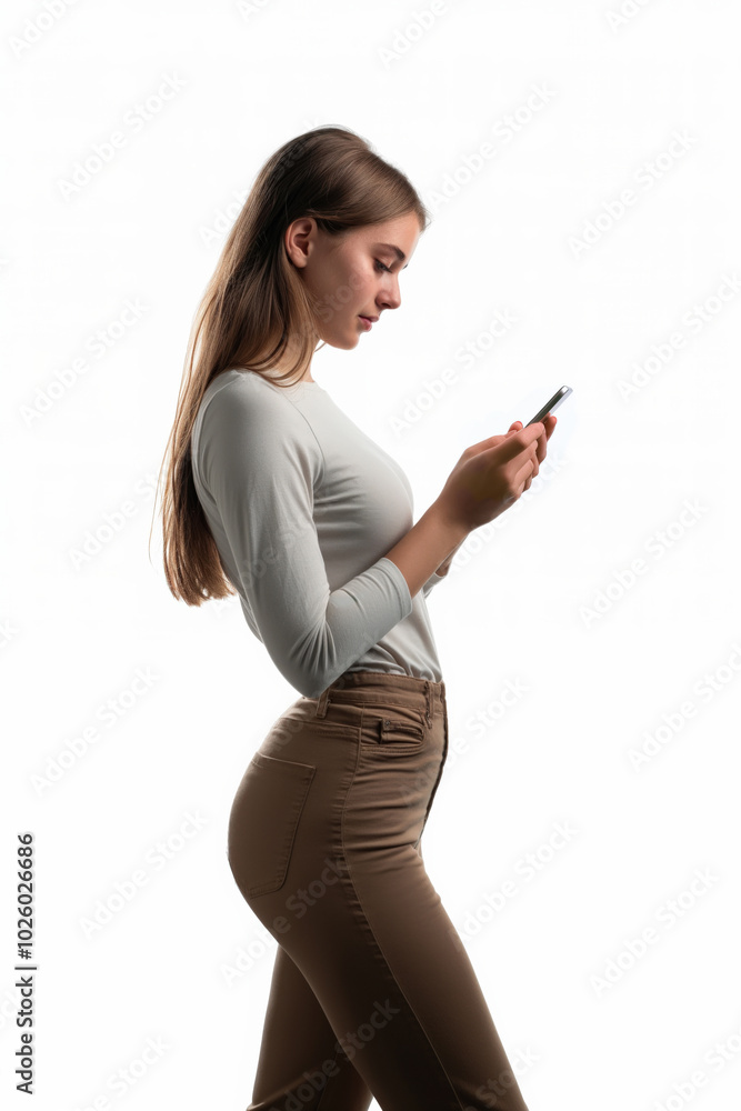 Side view of woman looking at smartphone against a white background Side view of woman looking at smartphone against a white background