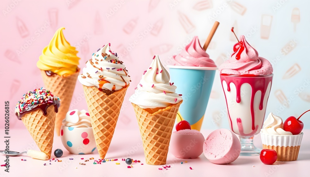 Delicious Assorted Ice Cream Cones and Desserts on Pastel Background Delicious Assorted Ice Cream Cones and Desserts on Pastel Background
