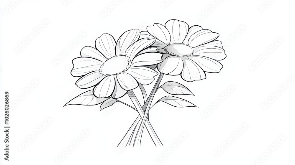 Hand-drawn Floral Illustration of Two Daisies Hand-drawn Floral Illustration of Two Daisies