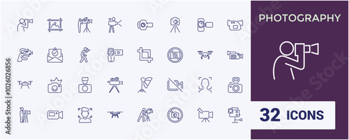 Photography and videography related line icons. Contains such icons as camera, photo, picture, image Gallery. Vector illustration in thin line modern style.