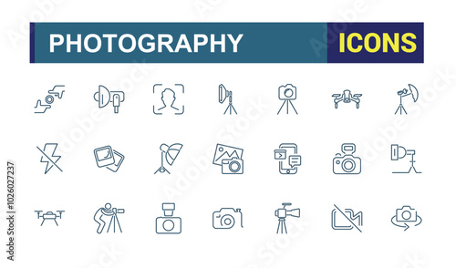 Photography and videography related line icons. Contains such icons as camera, photo, picture, image Gallery. Vector illustration in thin line modern style.
