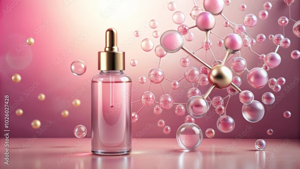 Skin Serum and Vitamin collagen with Molecule, Liquid Bubble on pink color background. rendering, skin care, beauty Skin Serum and Vitamin collagen with Molecule, Liquid Bubble on pink color background. rendering, skin care, beauty