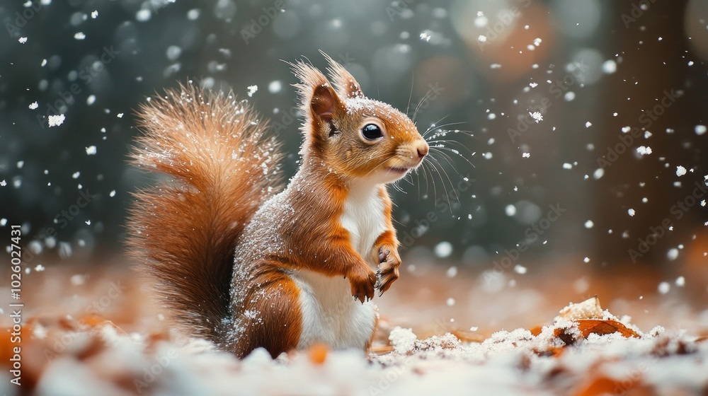 A small brown squirrel is standing in the snow A small brown squirrel is standing in the snow