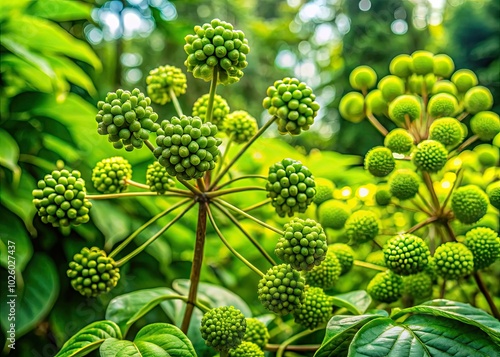 Dioscorea caucasica thrives in moist, shaded forested areas, while Angelica sinensis flourishes in rich, loamy soils, both contributing to a diverse herbal ecosystem. photo