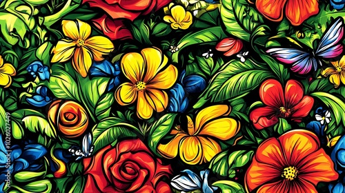 A playful floral explosion doodle pattern filled with roses, hibiscus, and marigold flowers, surrounded by lush green leaves and swirling tendrils, with colorful butterflies and buzzing bees,