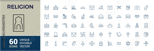 Religion and faith icon set. Religious icon collection in line style. Related to Islma, Christian, Hinduism, Judaism. Editable stroke. Vector illustration.