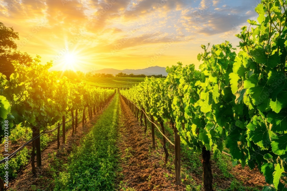 Naklejka premium First Rays of Sunlight Stretching Across a Lush Vineyard in the Countryside with Copy Space