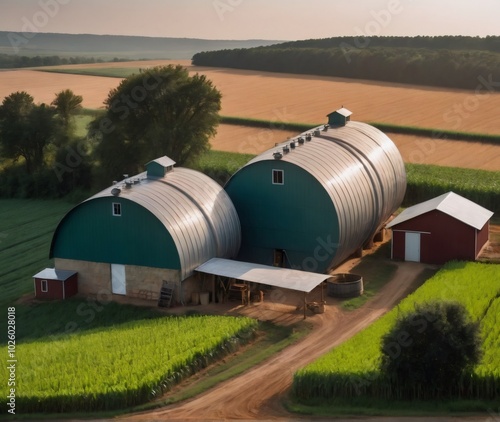 A rural farm equipped with a rainwater harvesting system, featuring large metal water storage tanks beside a traditional red barn. The farm benefits from sustainable water collection to support agricu