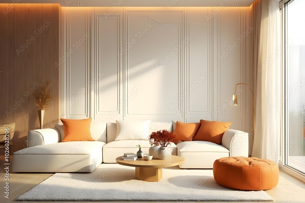 Minimalist, japandi style interior design of modern living room. Stylish furniture in classical room Minimalist, japandi style interior design of modern living room. Stylish furniture in classical room