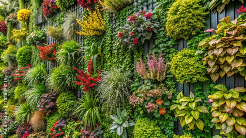 Obraz premium Live green wall with various plants and flowers creating a vibrant vertical gardening background, vertical garden