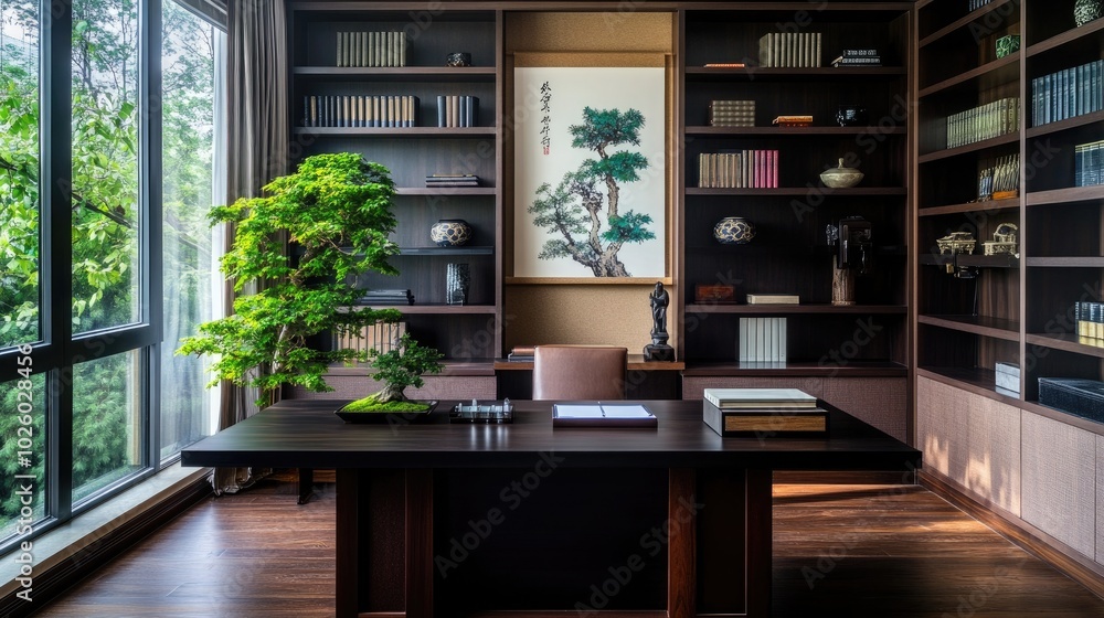 A sophisticated home office with Asian-inspired decor A sophisticated home office with Asian-inspired decor