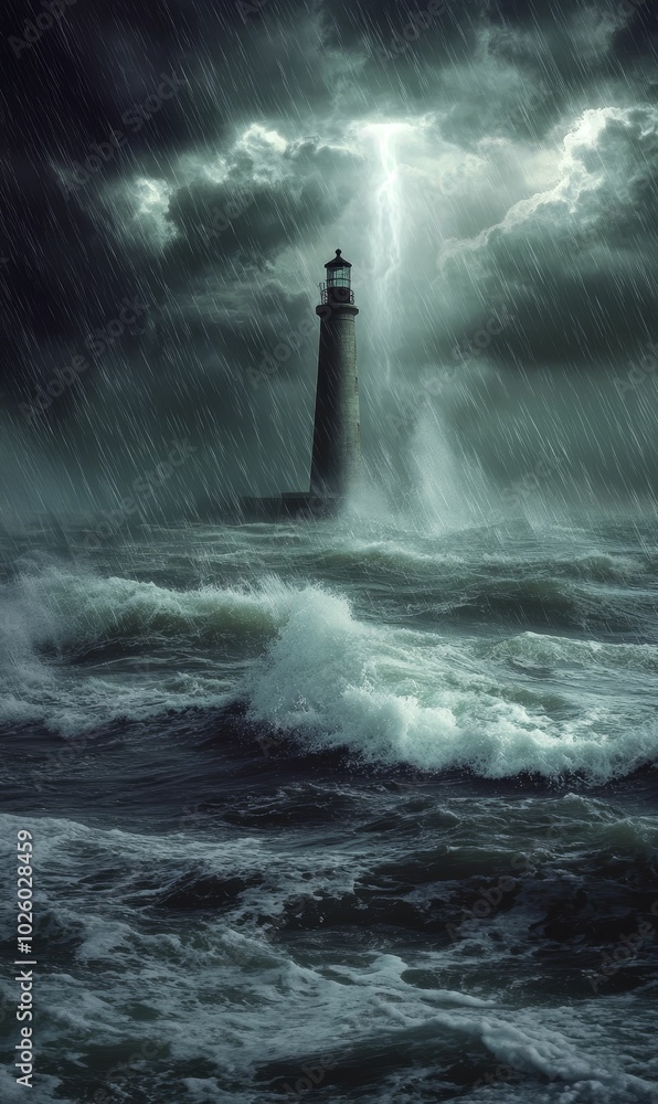 Lighthouse stands strong in stormy sea. Lighthouse stands strong in stormy sea.