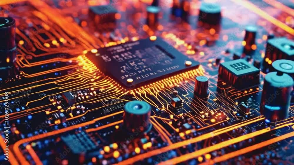 Green circuit board with integrated chips and capacitors, close-up of computer hardware