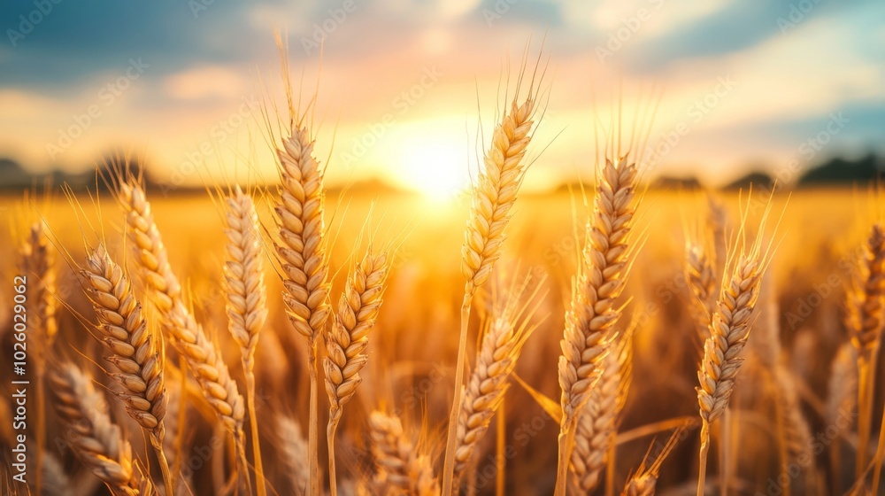Fototapeta premium Golden Wheat Stalks Bathed in Sunset Light