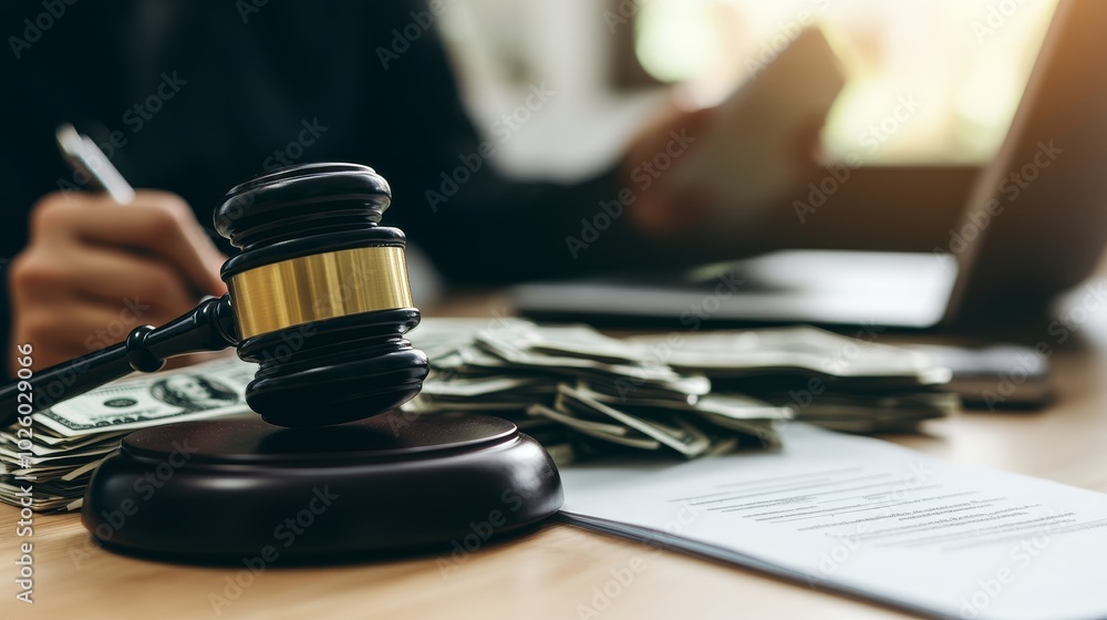 Successful Fundraising: Close-up of a gavel and stack of money on a table, symbolizing a completed fundraising round. Successful Fundraising: Close-up of a gavel and stack of money on a table, symbolizing a completed fundraising round.