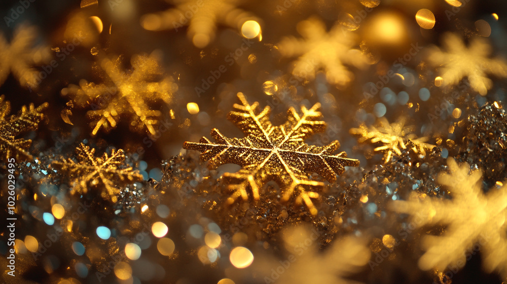 Fototapeta premium Sparkling snowflakes adorn a festive setting on Christmas Eve with warm golden lights